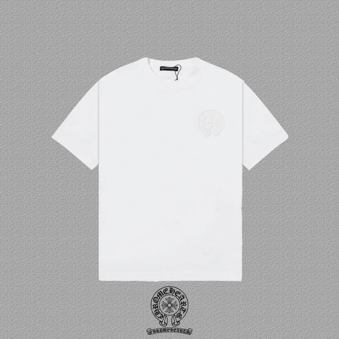 🅿️200 [CH Crow Heart] 2025FW short-sleeved T-shirt, hollow embroidery with arch bridge embroidery, high-end 26s double yarn 300g fabric, heavy fabric, custom stretcher rib, same vat and dye, complete three standards, same style for men and women, color: black, white, size: S M L XL 2XL